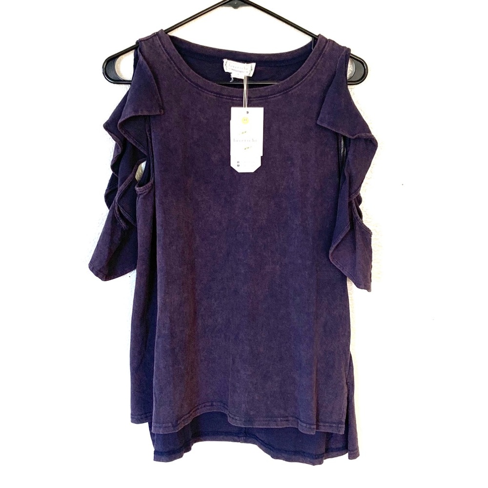Love Riche Washed Ruffle Cold Shoulder Tee L